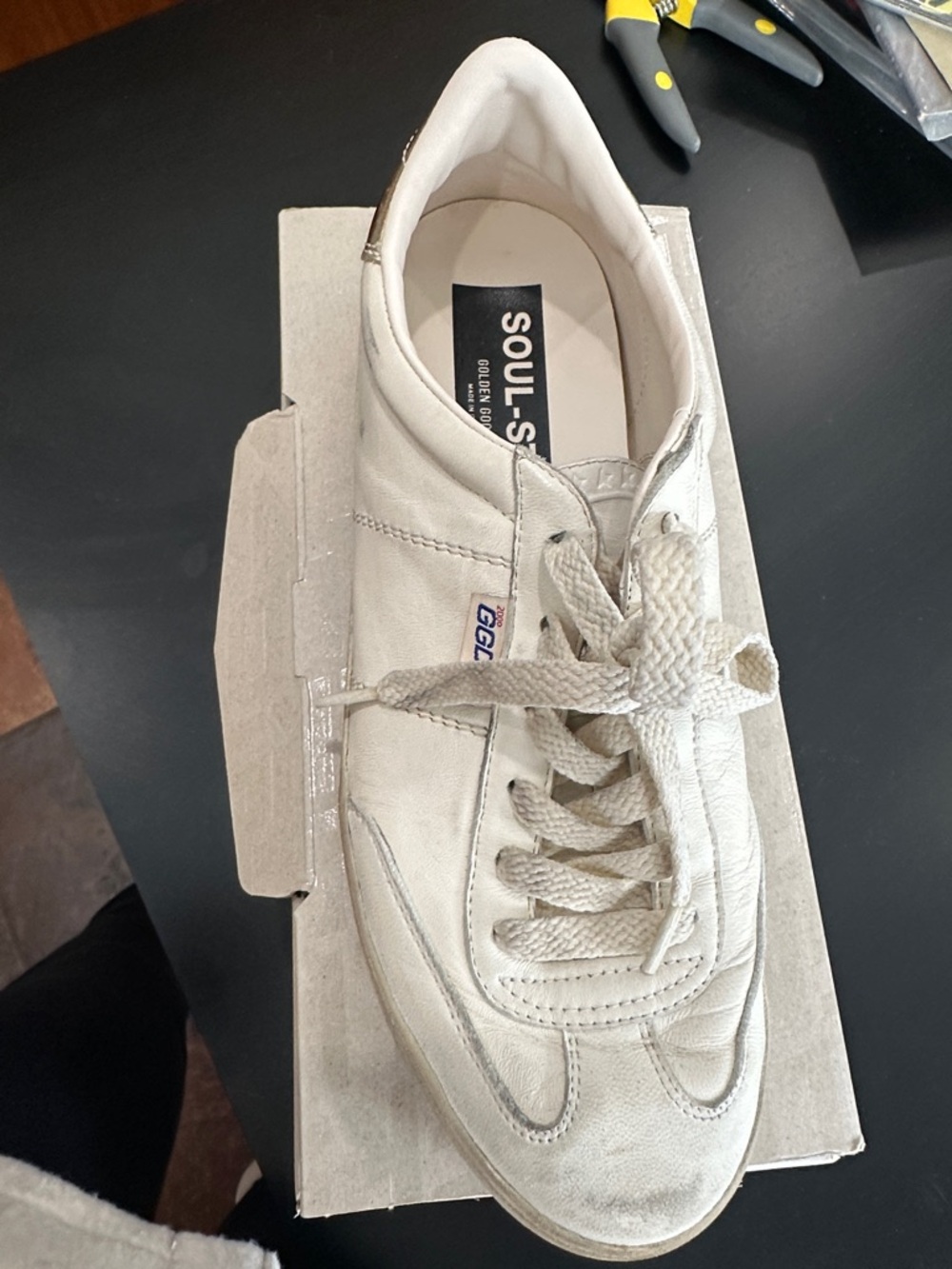 Golden Goose Metallic Gold Leather Heel-Logo Sneaker, 41 distressed